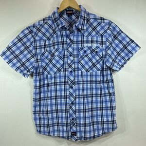 Dickies Blue White Checked Short Sleeve Button Shirt Boys XL 14/16 38” Chest